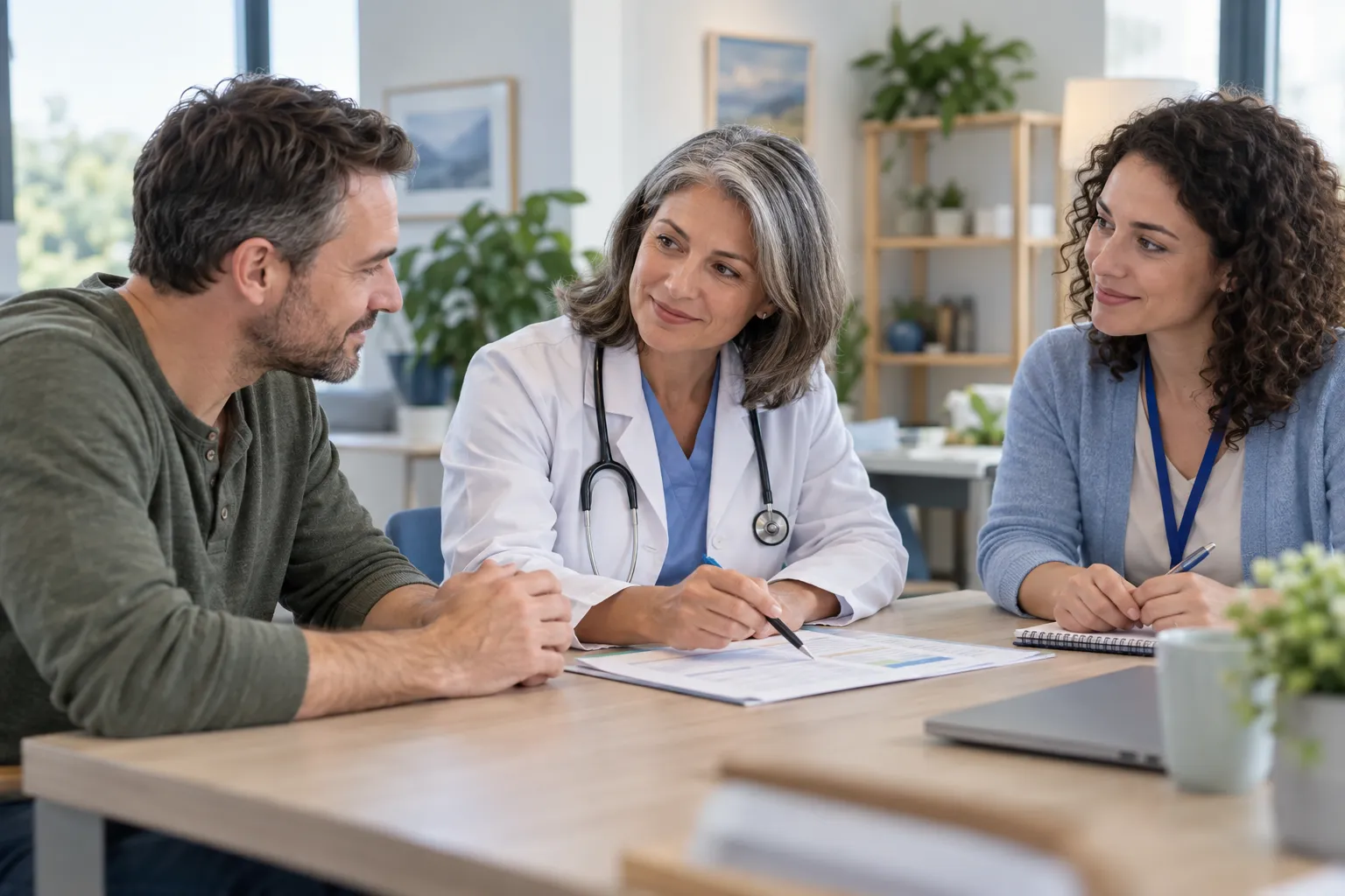 Пациент обсуждает план лечения алкогольной зависимости с врачом и психологом.